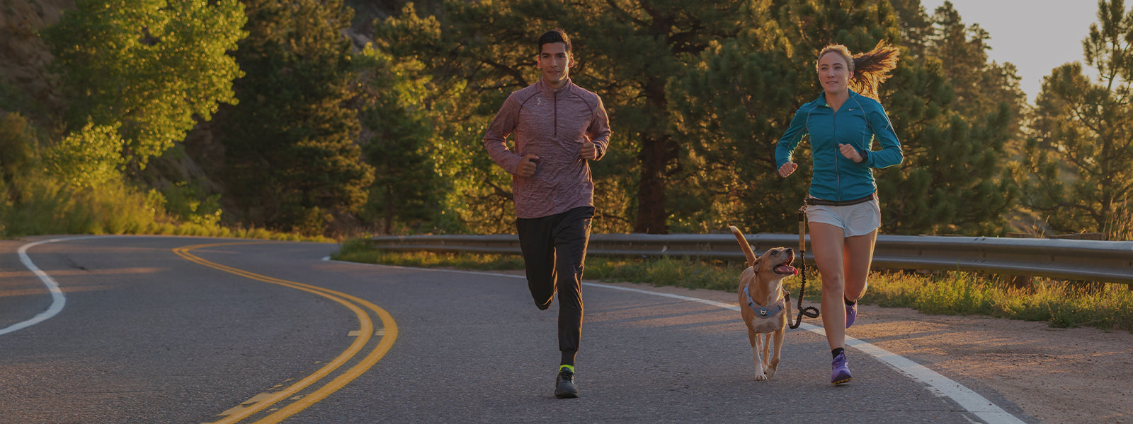 Man and woman running down road with dog wearing Swiftwick socks