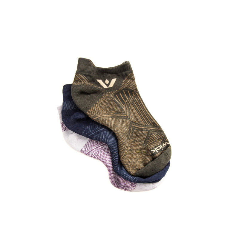 Three Aspire no show socks in Olive Gray, Navy Gray, and Lavender Purple.