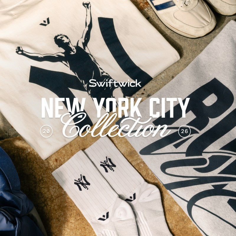 Flat lay of the Swiftwick New York City Collection 2026 featuring a white tee with the runner silhouette graphic a RUN NYC hoodie white NY socks and sneakers