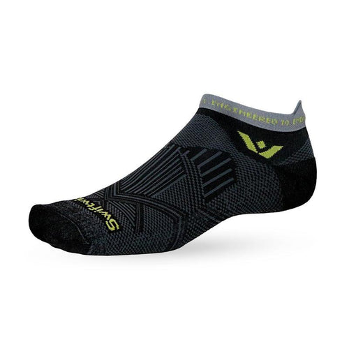 Low-cut black Swiftwick performance running sock with gray cuff and yellow logo