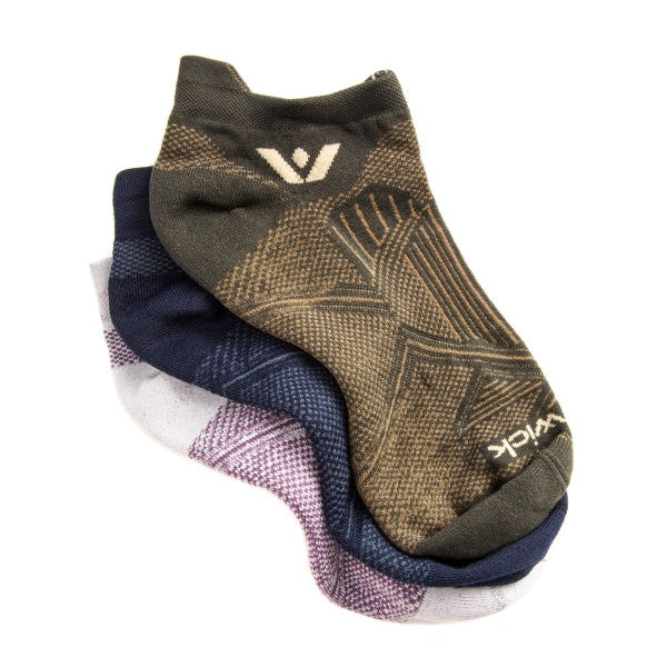 Three pack of Swiftwick Aspire no show socks in olive black and cream