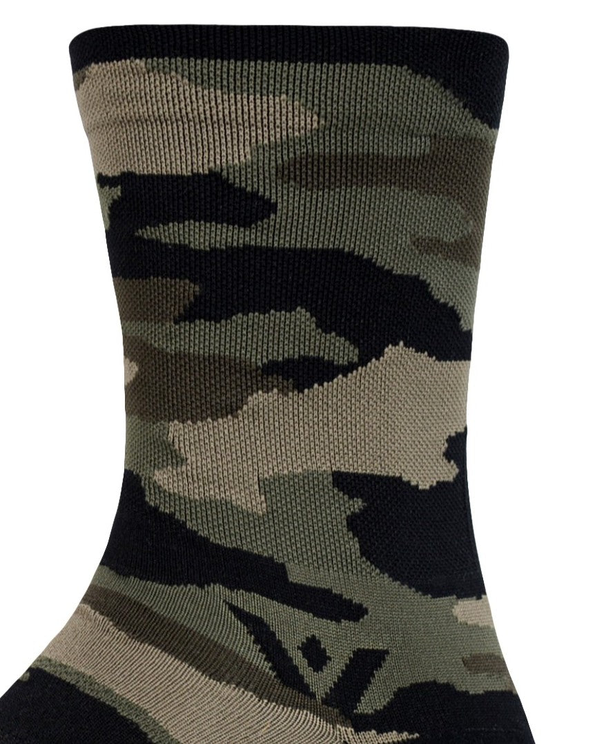 A close-up of the Swiftwick Vision Mid-Crew Camo cuff, showing the multi-color camo pattern and Swiftwick logo near the ankle.