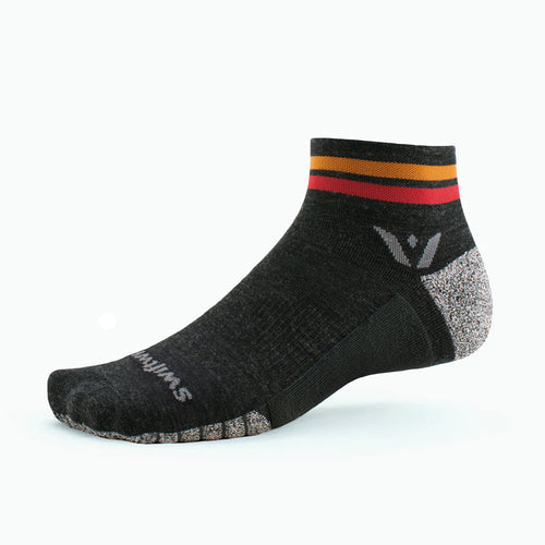 Flite XT Trail Quarter Crew sock in charcoal gray with red and orange stripes