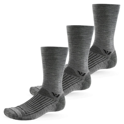 Three pairs of Pursuit Crew socks in heather gray