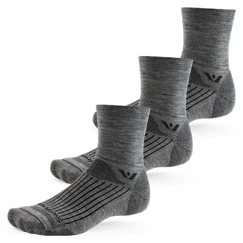 Three pairs of Pursuit Quarter Crew High socks in heather gray