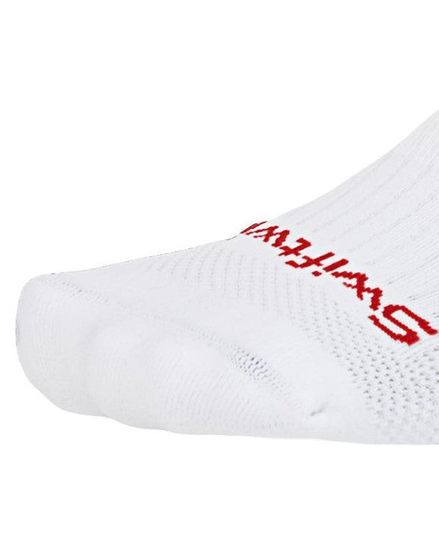 Close-up of the seamless toe box on a white Swiftwick Vision Mid-Crew Dancing Tomatoes sock.