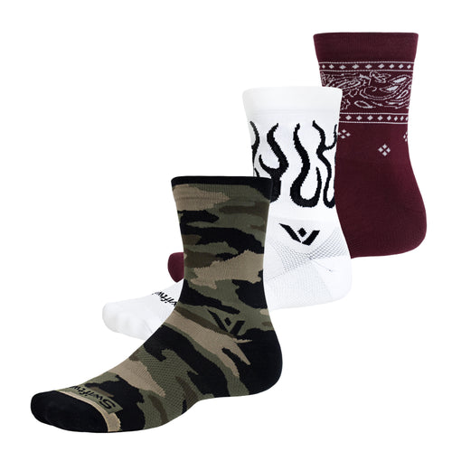 Three Swiftwick Vision Mid-Crew Socks in Camo, Flames, and Bandana on a white background