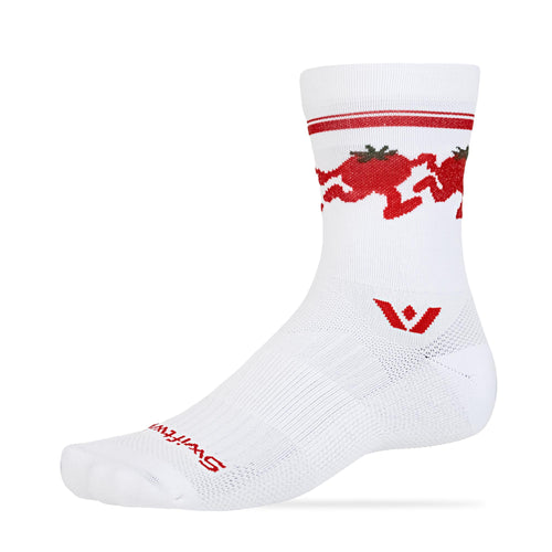 Profile of a white Swiftwick Vision Mid-Crew sock with a red dancing-tomato cuff pattern and red Swiftwick logo