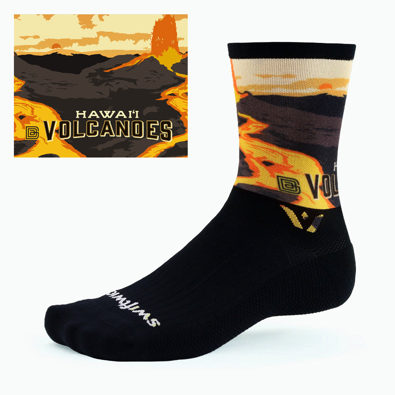 Swiftwick VISION Six Impression Hawaiʻi Volcanoes Cycling Socks, Black, Multi-Color, dual view