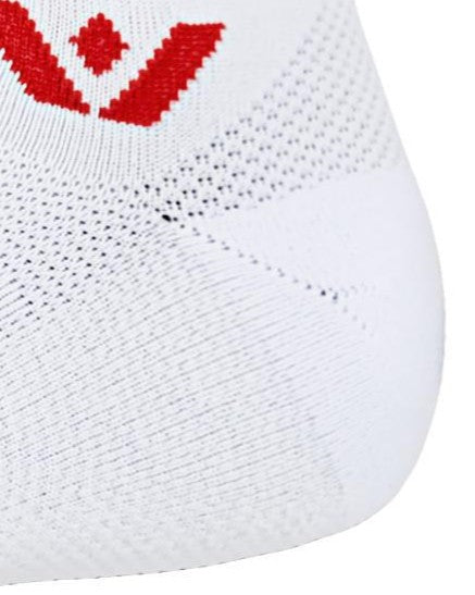 Close-up of the Y-shaped heel construction and red Swiftwick logo on a white Vision Mid-Crew Dancing Tomatoes sock.