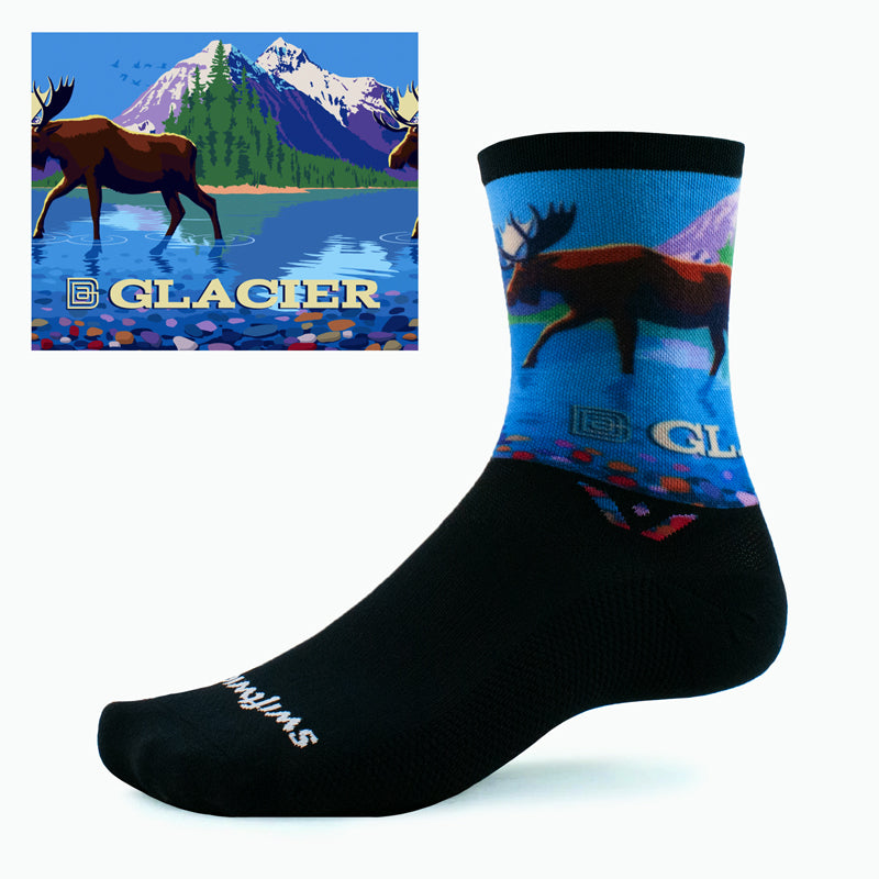 Swiftwick VISION Six Impression Glacier Cycling Socks, Black, Multi-Color, dual view